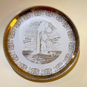 Old Faithful Geyser Yellowstone National Park Gold Painted Souvenir Plate